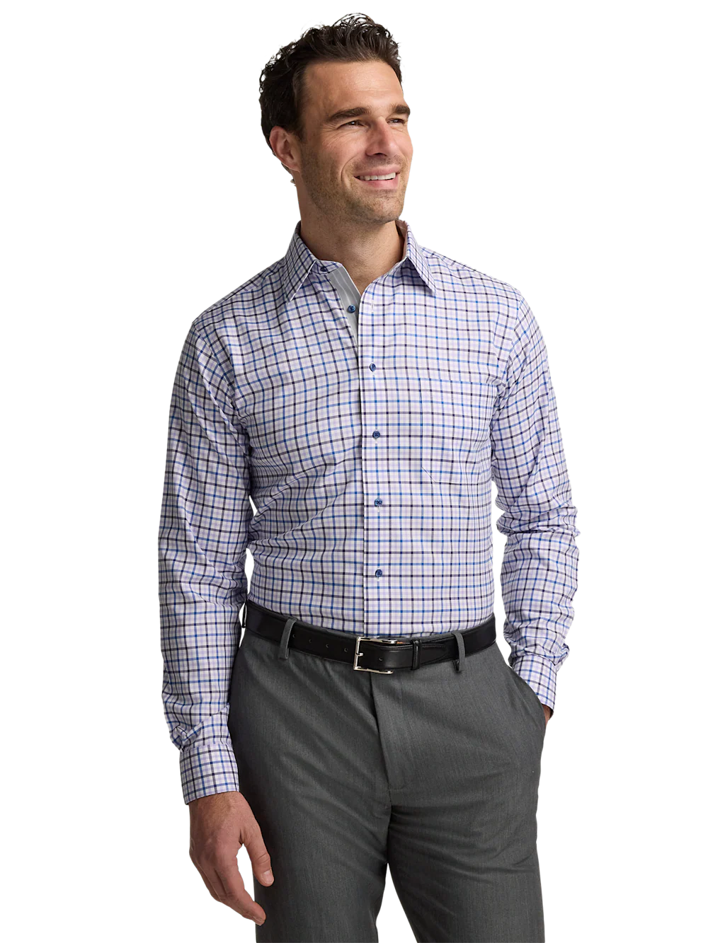 Travel Cotton Blend Check Dress Shirt With Contrast Trim - Purple - Image 2