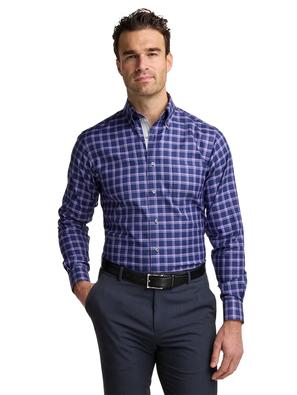 Travel Cotton Blend Check Dress Shirt With Contrast Trim - Purple - Image 2
