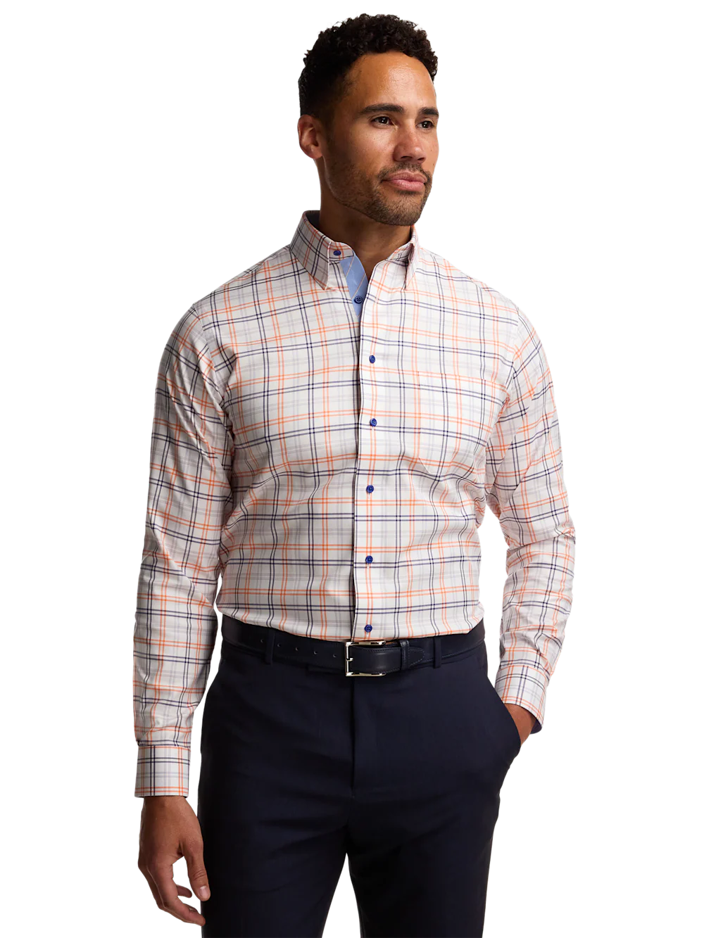 Travel Cotton Blend Check Dress Shirt With Contrast Trim - Blue/melon - Image 2