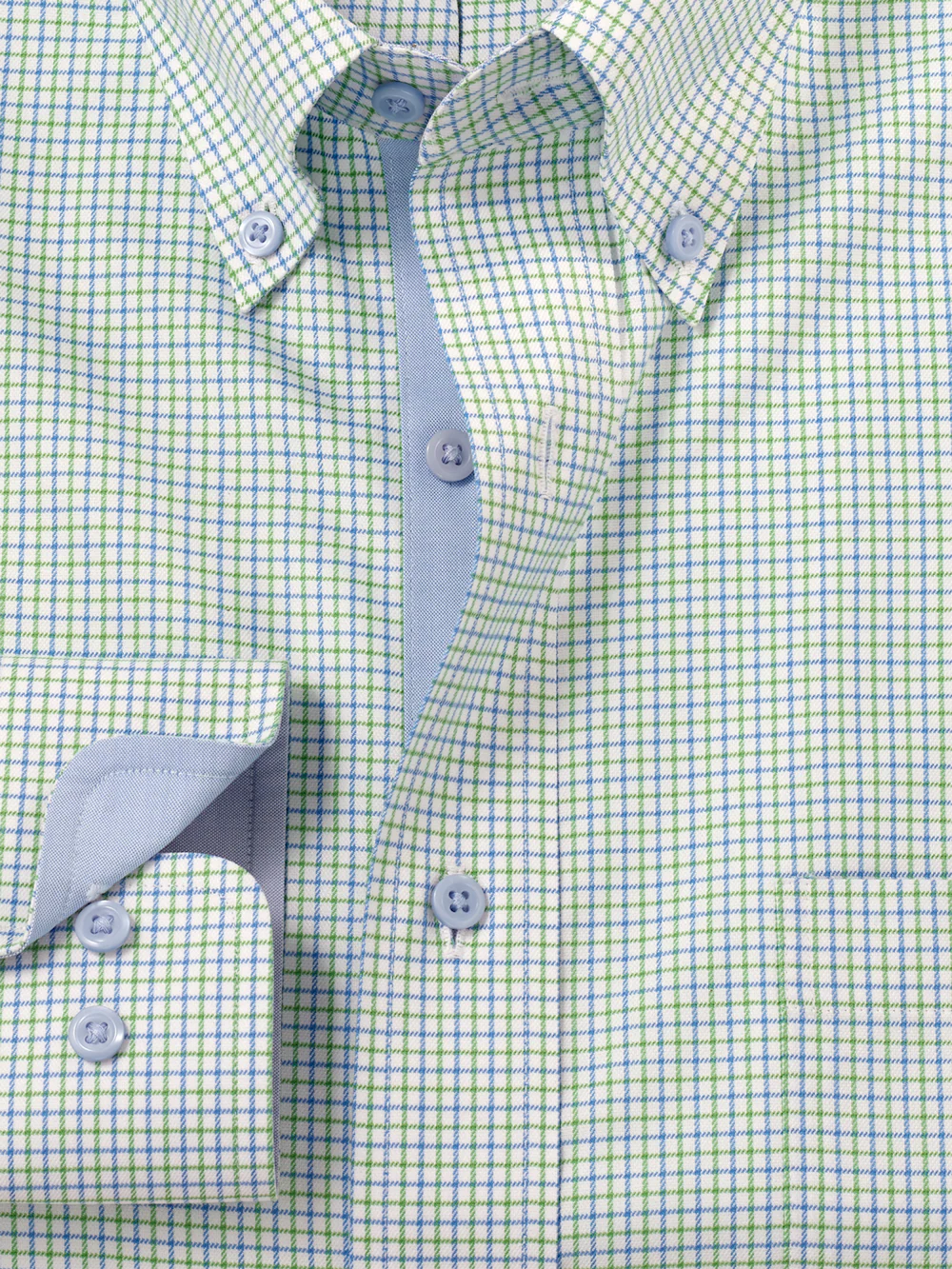Travel Cotton Blend Check Dress Shirt With Contrast Trim - Blue/green - Image 6