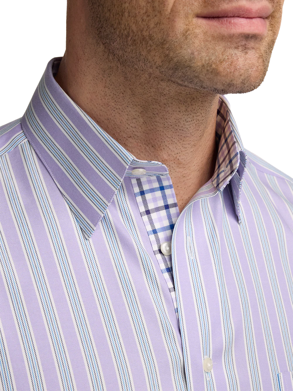 Travel Cotton Blend Stripe Dress Shirt With Contrast Trim - Purple - Image 3