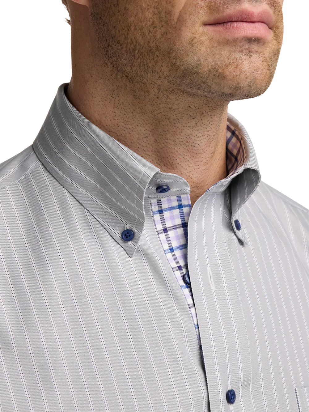 Travel Cotton Blend Stripe Dress Shirt With Contrast Trim - Grey/purple - Image 3