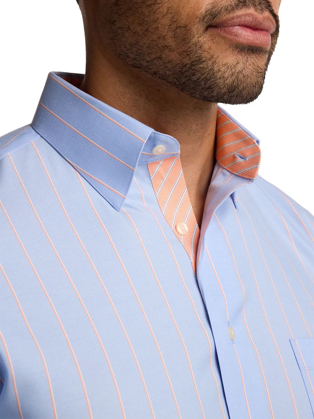 Travel Cotton Blend Stripe Dress Shirt With Contrast Trim - Blue/melon - Image 3
