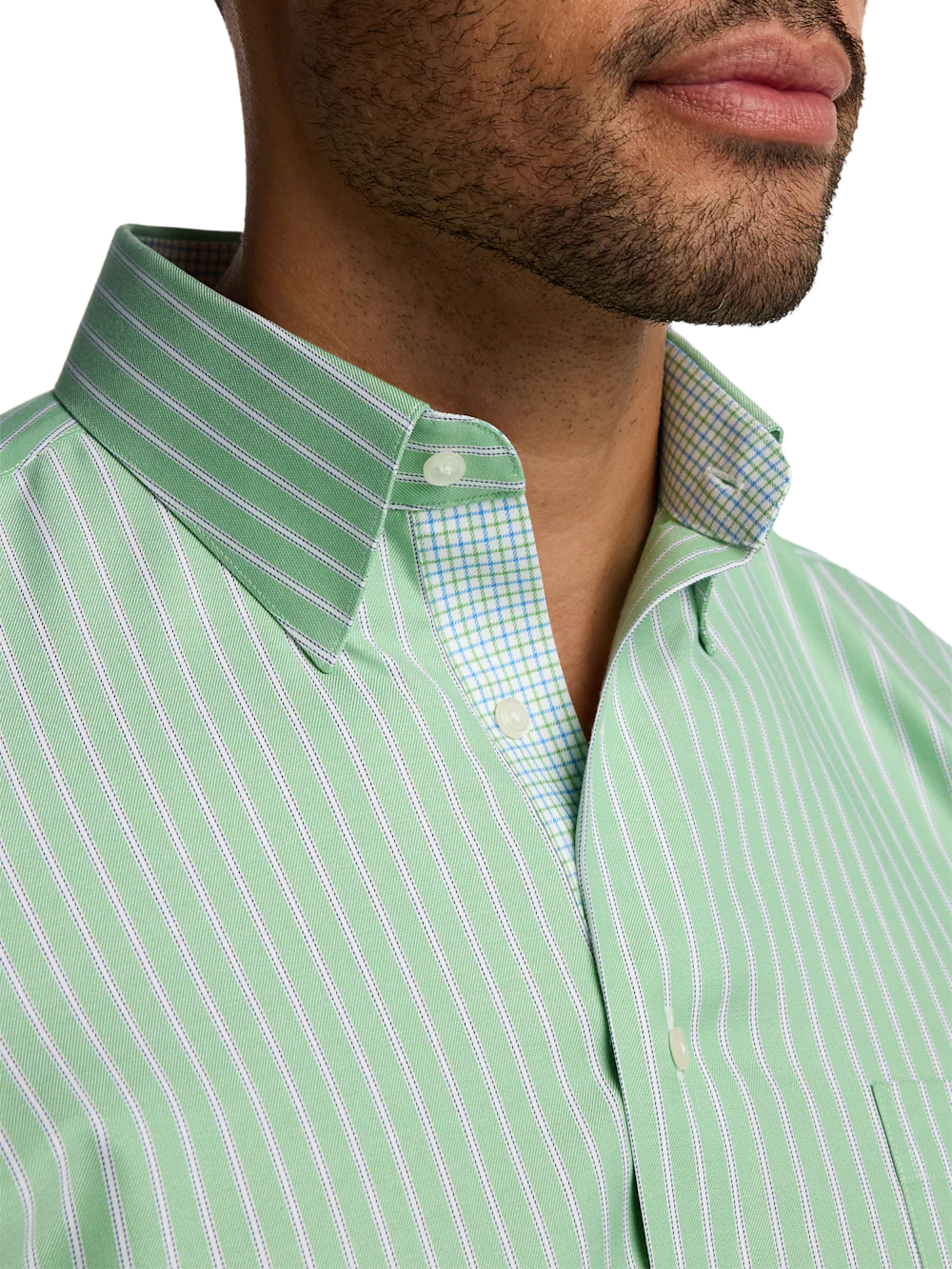 Travel Cotton Blend Stripe Dress Shirt With Contrast Trim - Green - Image 3