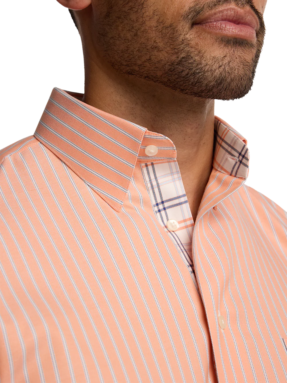 Travel Cotton Blend Stripe Dress Shirt With Contrast Trim - Melon - Image 3