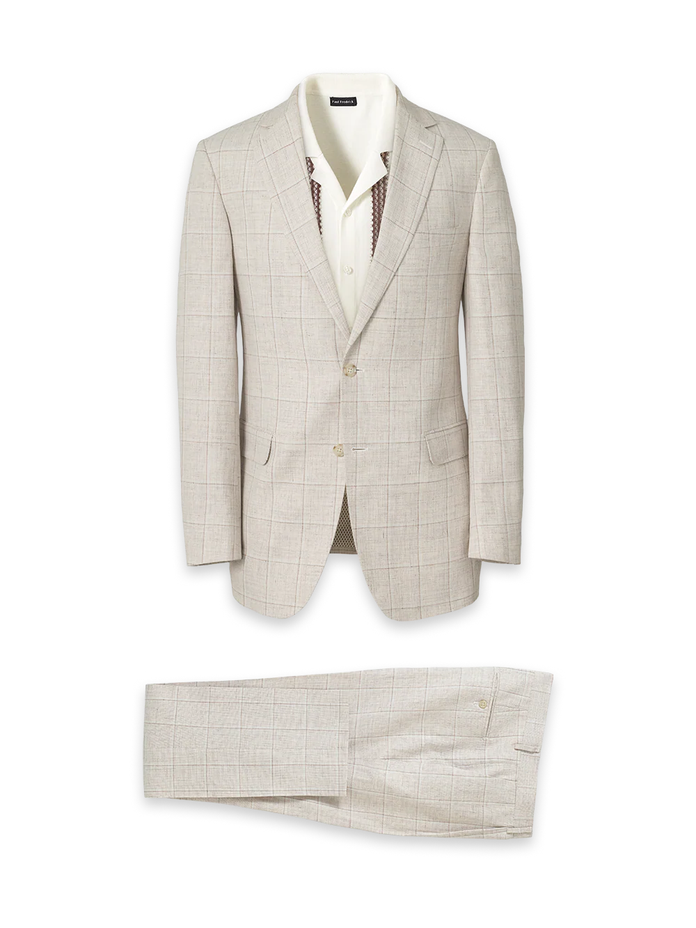 Windowpane Linen Blend Single Breasted Notch Lapel Suit - Tan Windowpane