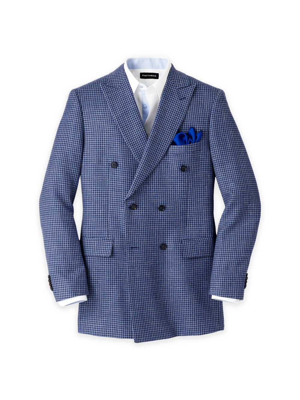 Wool Blend Houndstooth Double Breasted Peak Lapel Sport Coat - Blue Houndstooth
