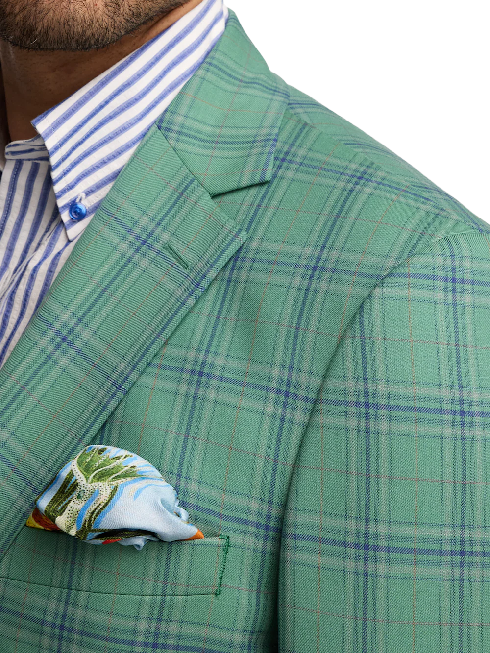 Wool Blend Plaid Single Breasted Notch Lapel Sport Coat - Aqua - Image 6