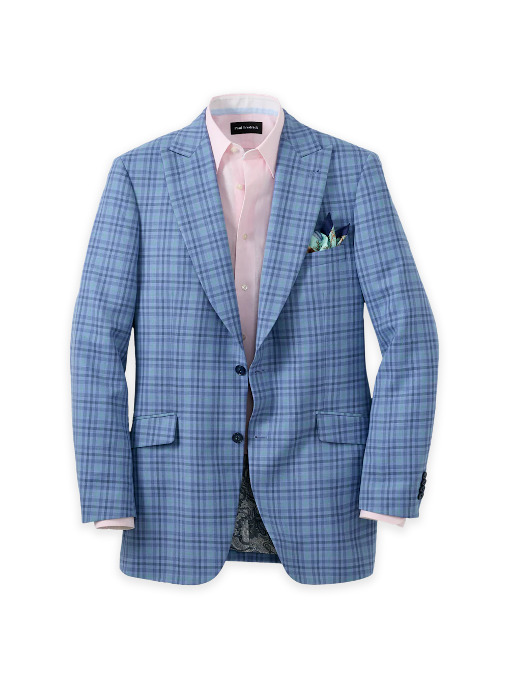Wool Blend Plaid Single Breasted Peak Lapel Sport Coat - Blue/green