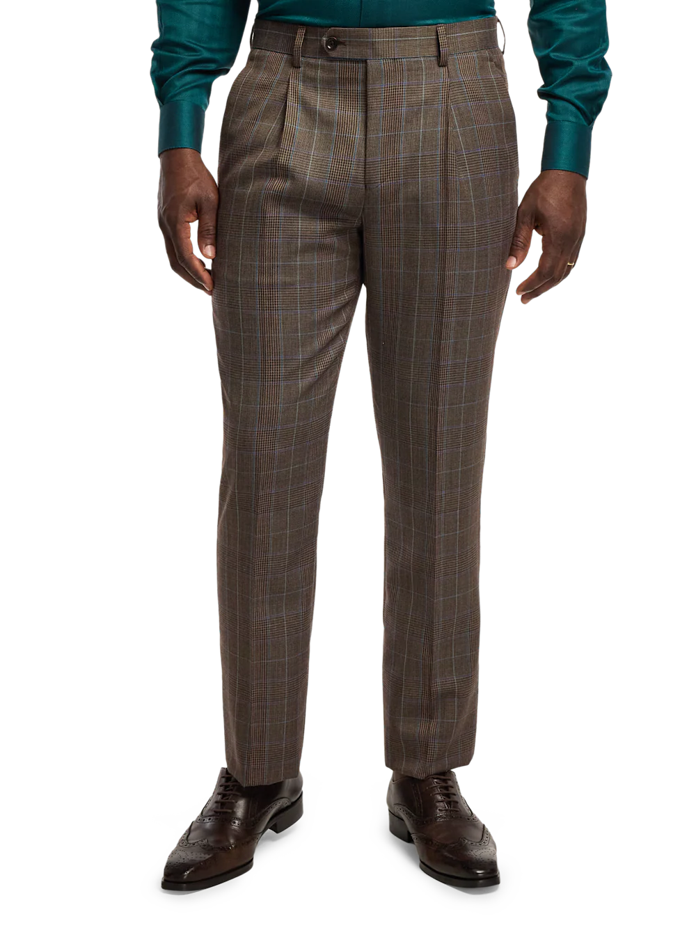 Wool Blend Plaid Single Pleat Suit Pants - Brown/blue - Image 2