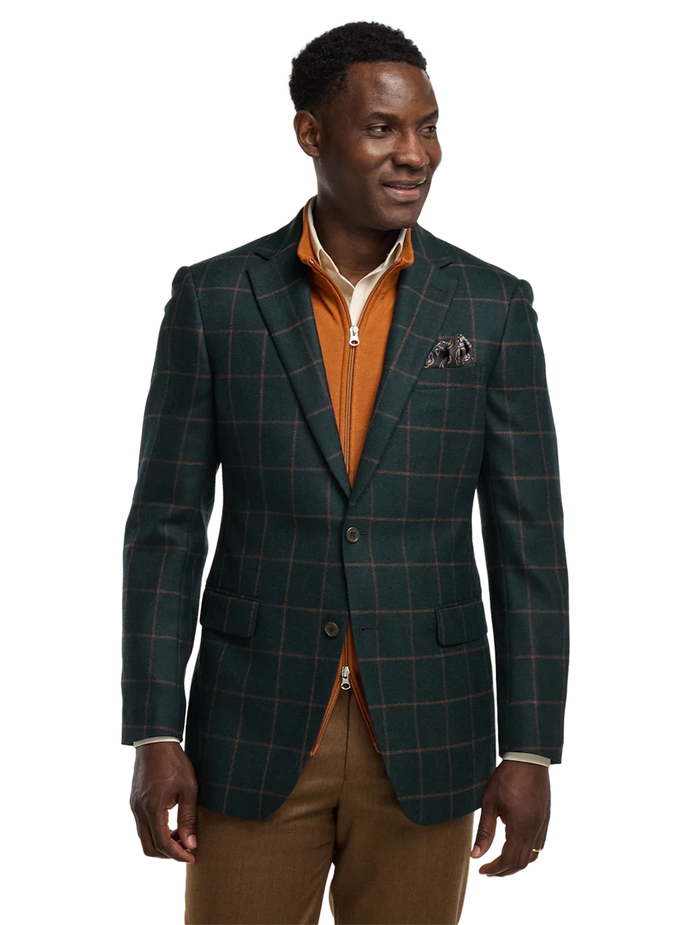 Wool Blend Windowpane Single Breasted Notch Lapel Sport Coat - Dark Green - Image 2